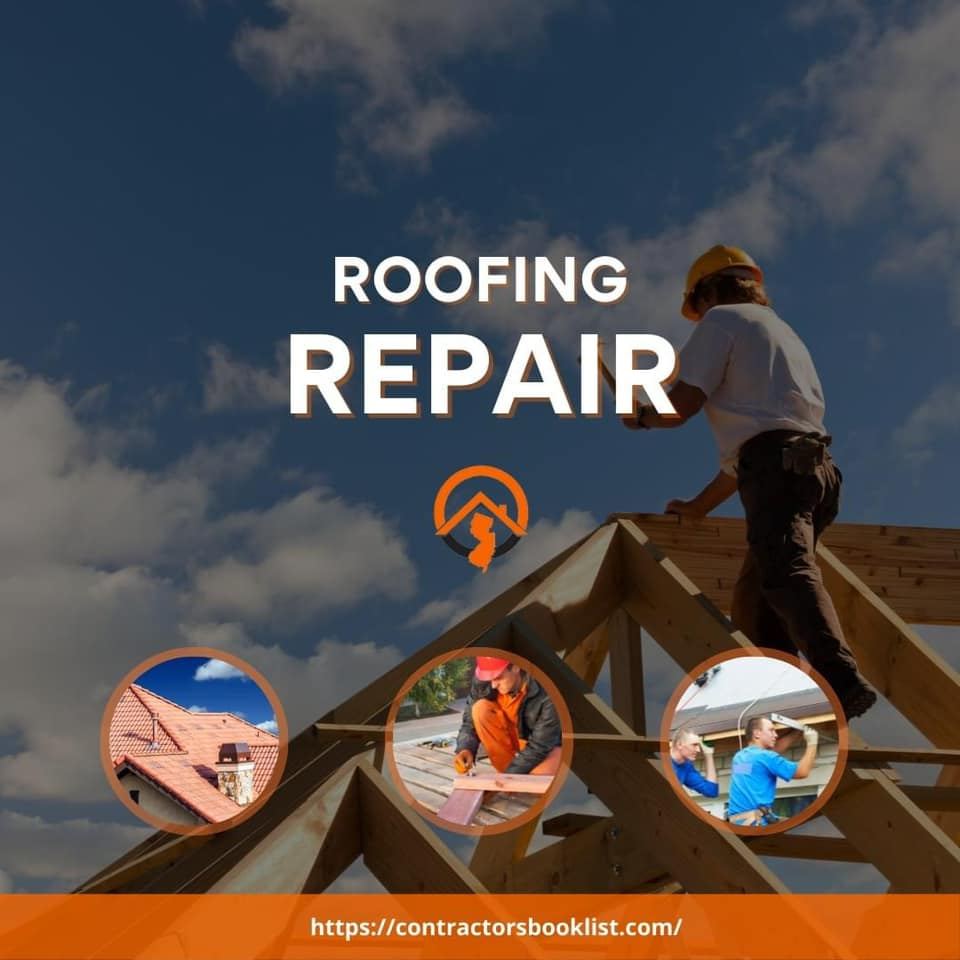 Professional roof repair technicians inspecting a flashing leak on an Avenel NJ property